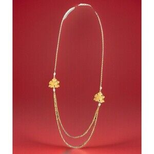 Vintage Women’s Faux Pearl Gold tone Leaf necklace Double Chain Jewelry